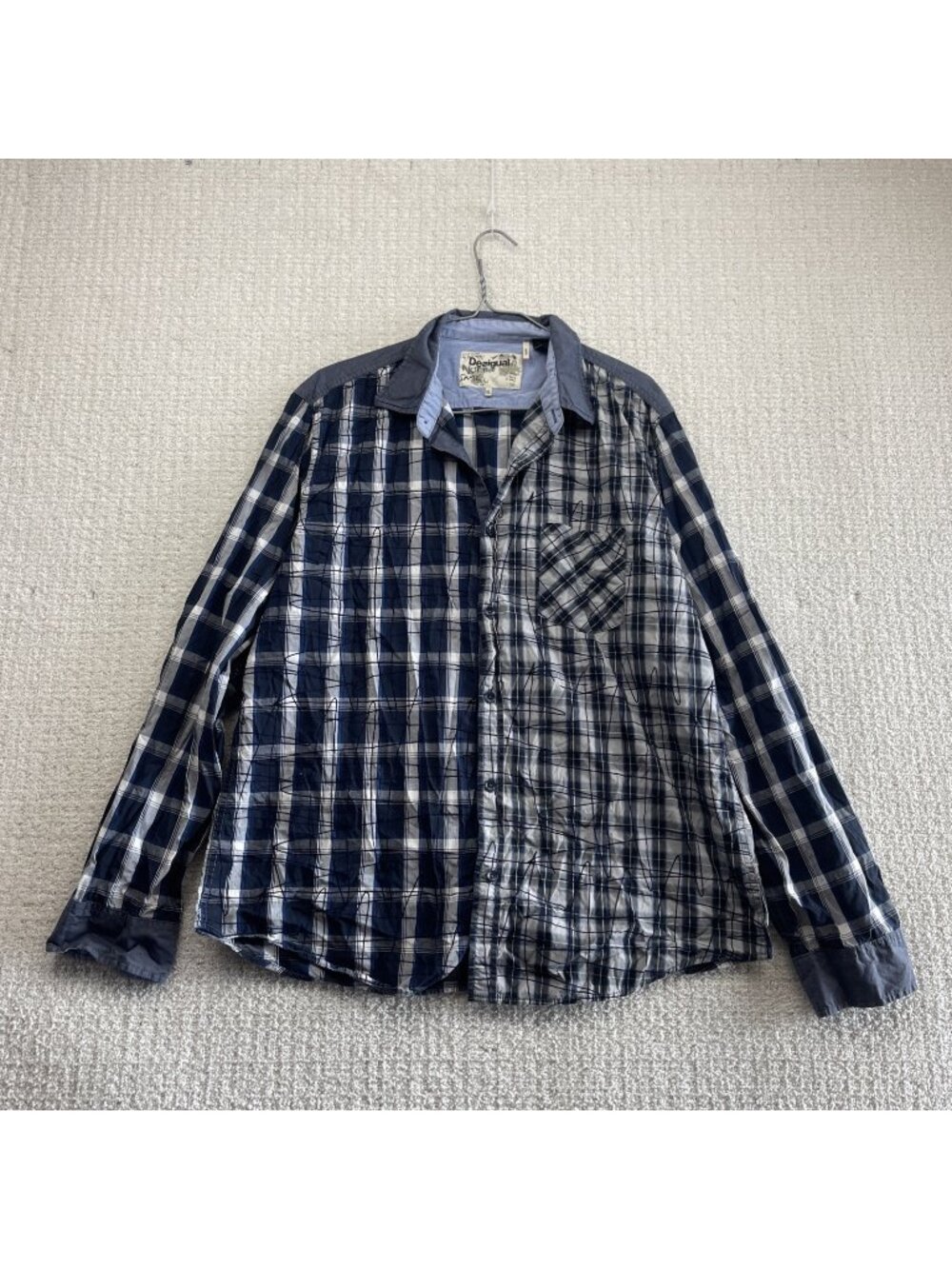 Y2K Desigual Blue Plaid Abstract Art Long Sleeve Button Down Shirt Size XL